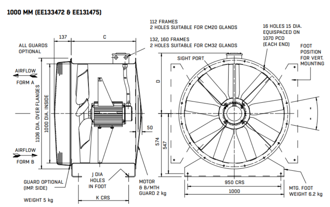 EE133472 : 100JM/25/4/6/22-deg 4pole 3ph Long Cased Axial Fan