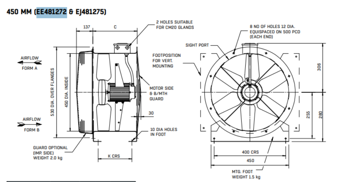 EE481272 : 45JM/16/2/5/20-deg 2pole 3ph Long Cased Axial Fan