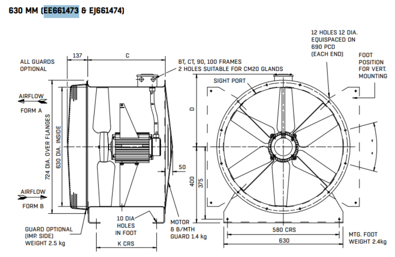 EE661473 : 63JM/20/4/6/22-deg 4pole 3ph Long Cased Axial Fan