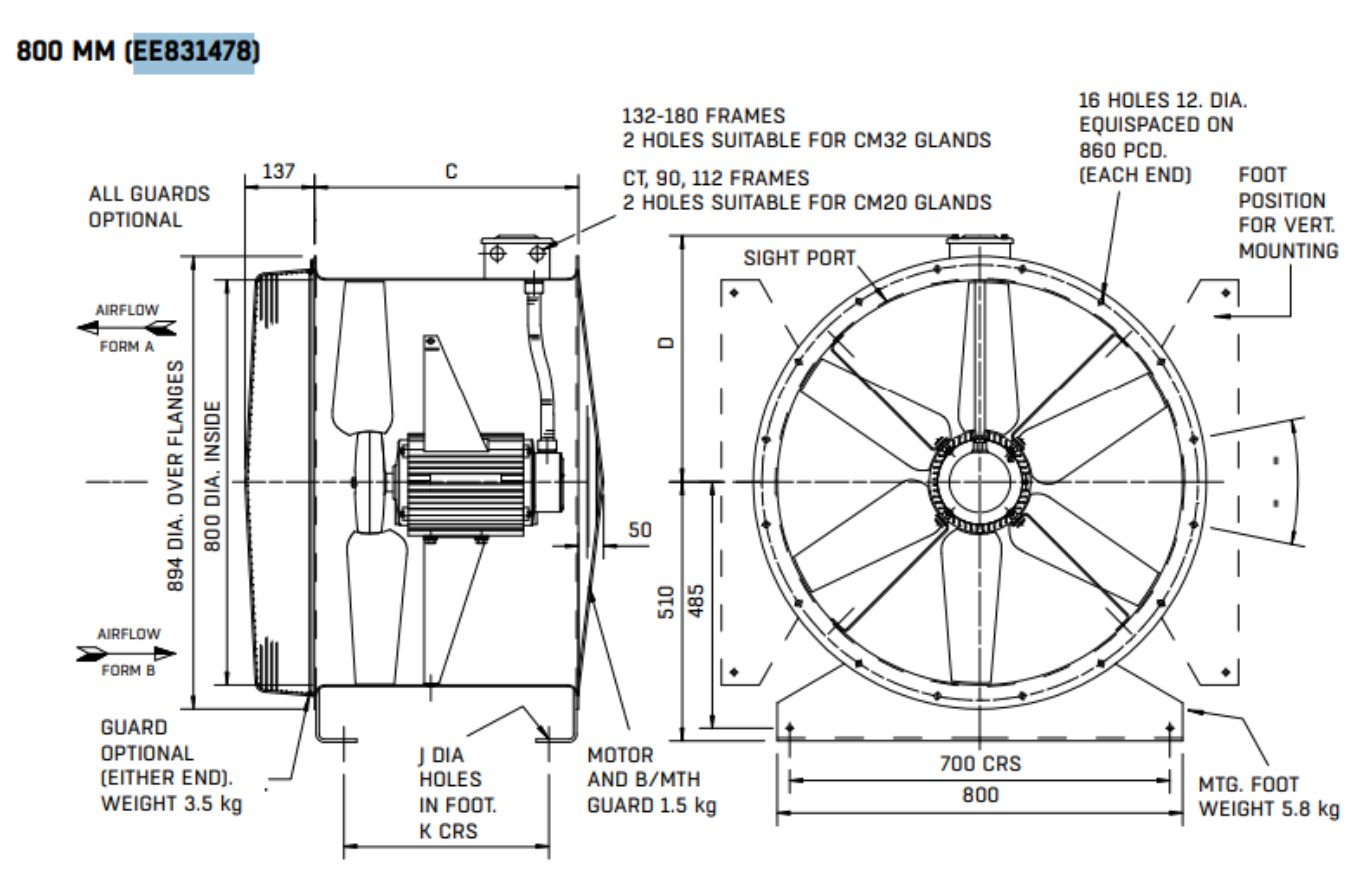 EE831478 : 80JM/25/4/9/28-deg 4pole 3ph Long Cased Axial Fan
