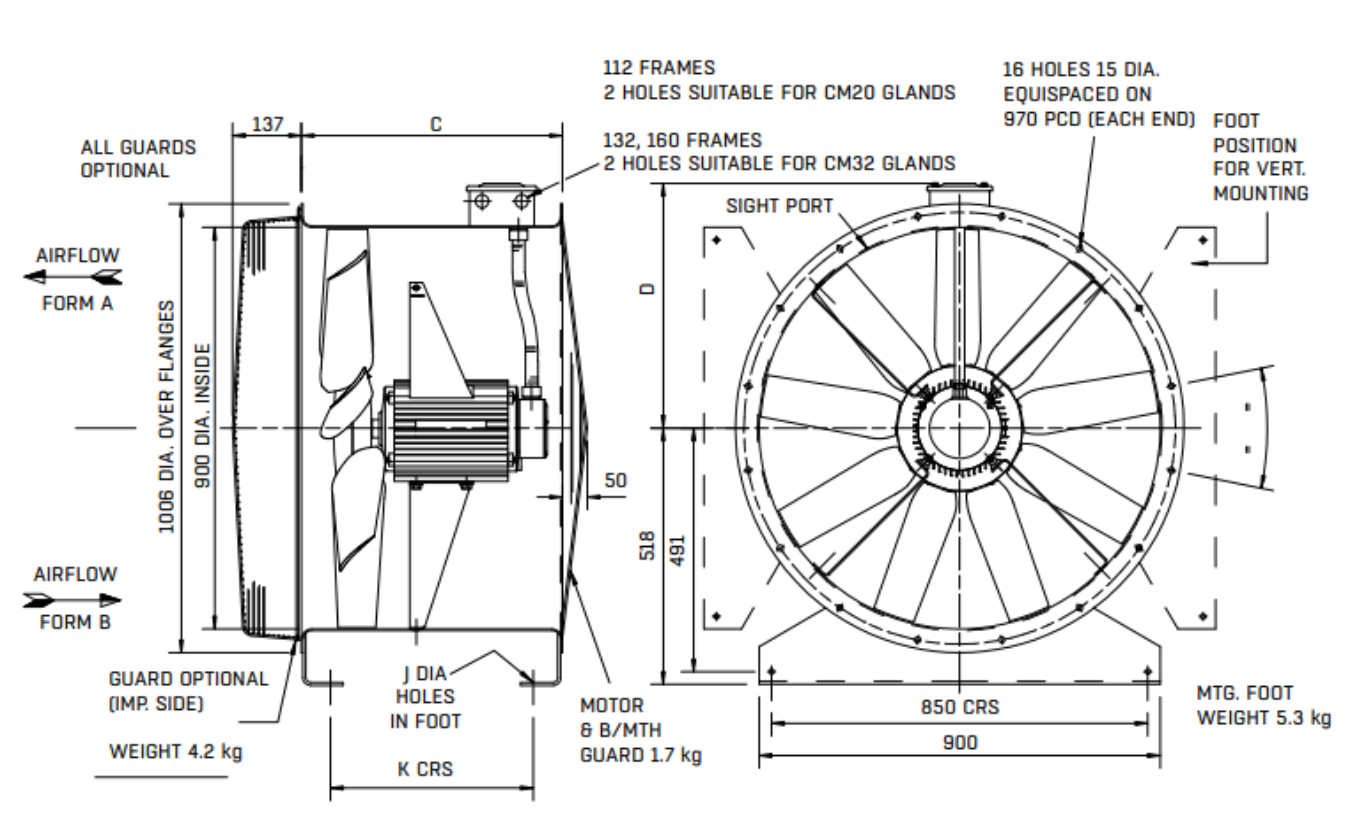 EE931473 : 90JM/25/4/9/24-deg 4pole 3ph Long Cased Axial Fan