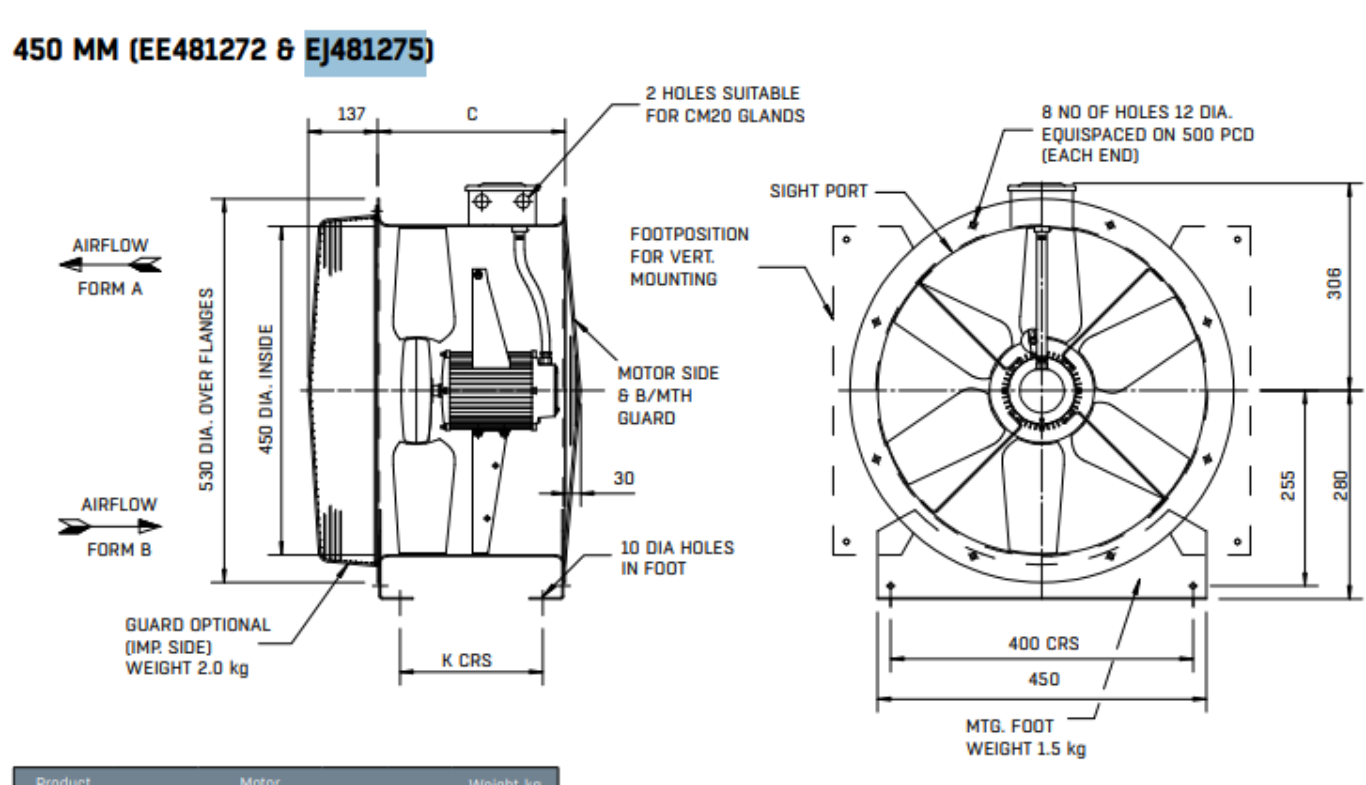 EJ4812750 : 45JM/20/2/6/34-deg 2pole 3ph Long Cased Axial Fan
