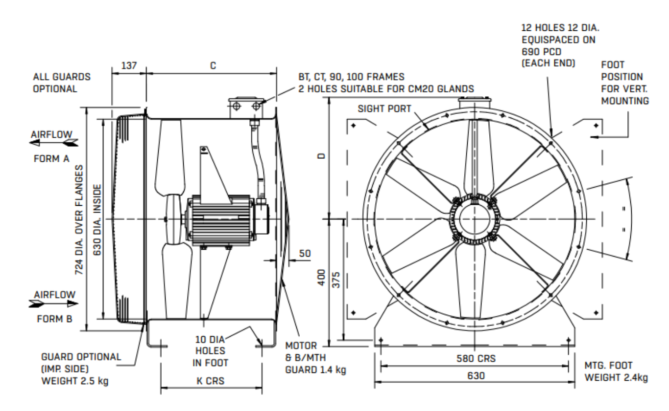 EJ661232 : 63JM/25/2/3/22-deg 2pole 3ph Long Cased Axial Fan