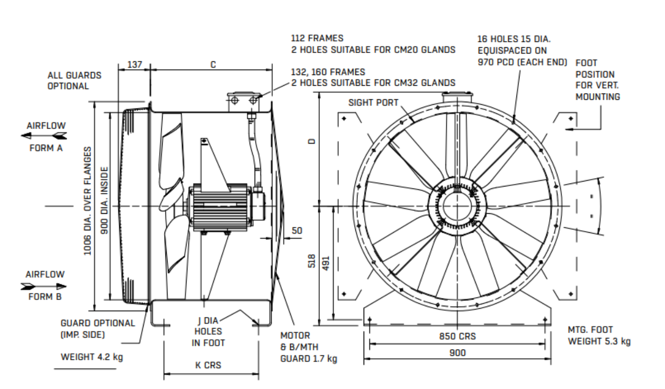 EJ931476 : 90JM/25/4/9/32-deg 4pole 3ph Long Cased Axial Fan